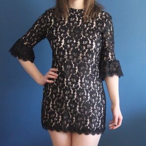 Black Lace Mini Dress with Bell Sleeves